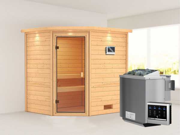 Sauna "Elea" mit bronzierter Glastür und Dachkranz + 9 kW Bio-Kombiofen ext. Strg.