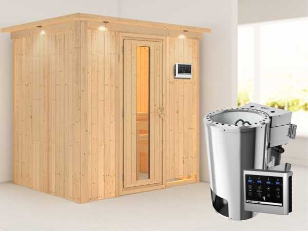 Sauna Systemsauna Fanja mit Dachkranz, Energiespartür, Plug & Play Bio-Ofen mit externer Steuerung