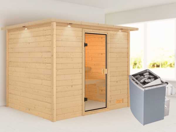 Sauna "Katja" mit bronzierter Glastür und Dachkranz + 9 kW Saunaofen integr. Strg.