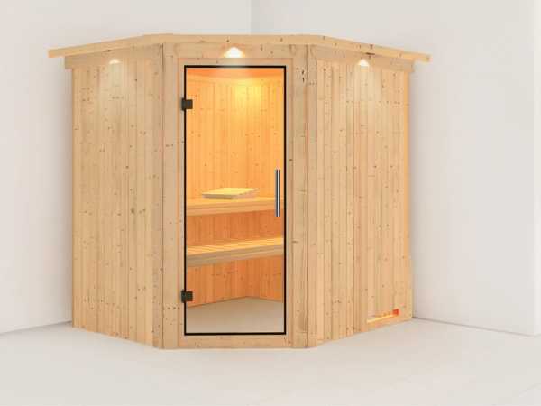 Sauna Systemsauna Lilja mit Dachkranz, Klarglas Ganzglastür