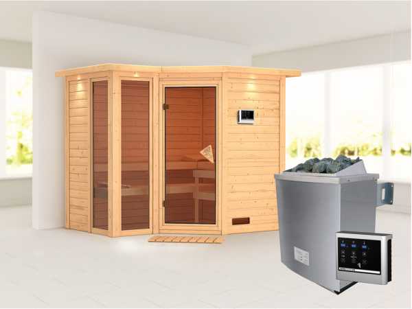 Sauna Massivholzsauna Amara mit Dachkranz inkl. 9 kW Saunaofen ext. Steuerung