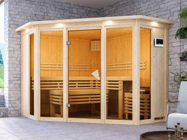 Sauna Alcinda mit bronzierter Glastür und Dachkranz + 9 kW Bio-Kombiofen mit ext. Strg.