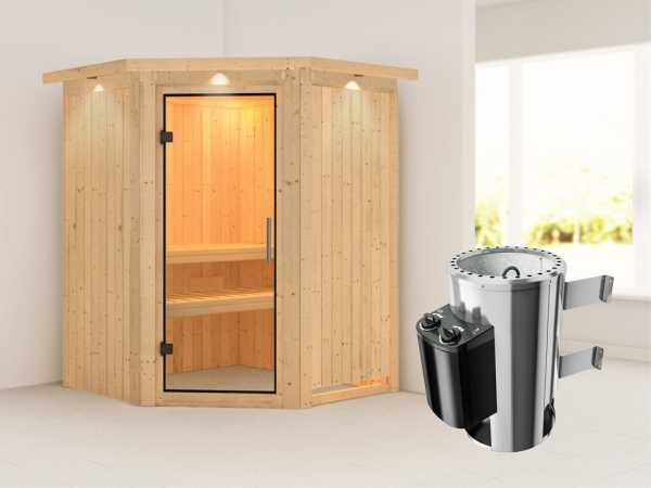 Sauna Systemsauna Nanja mit Dachkranz, Klarglas Ganzglastür + Plug & Play Saunaofen mit Steuerung