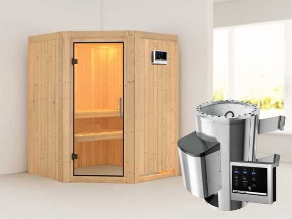 Sauna Systemsauna Nanja Klarglas Ganzglastür + Plug & Play Saunaofen mit externer Steuerung