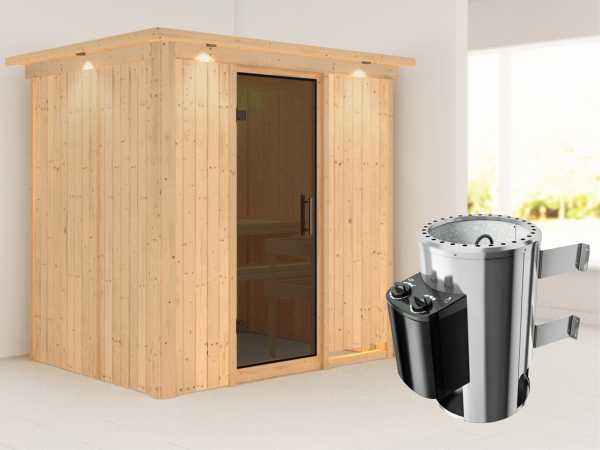 Sauna Systemsauna Fanja mit Dachkranz, graphit Ganzglastür + Plug & Play Saunaofen mit Steuerung