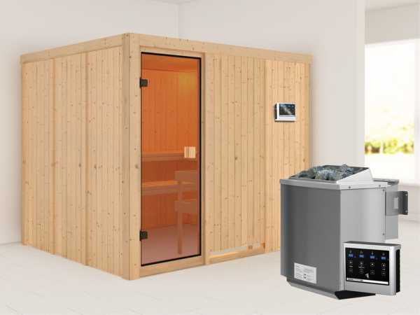 Sauna Nybro mit bronzierter Glastür + 9 kW Bio-Kombiofen mit ext. Strg.