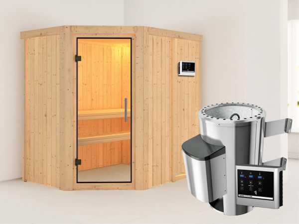 Sauna Systemsauna Saja Klarglas Ganzglastür + Plug & Play Saunaofen mit externer Steuerung