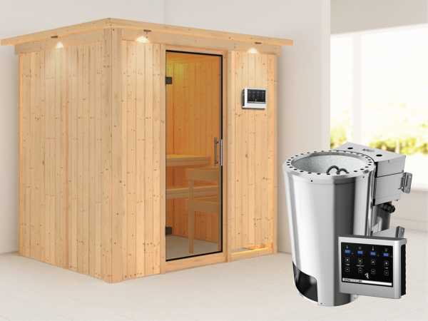 Sauna Systemsauna Fanja mit Dachkranz, Klarglas Ganzglastür + Plug & Play Bio-Ofen mit ext. Strg