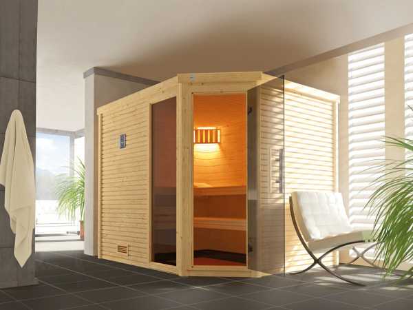 Sauna Massivholzsauna Cubilis ECK 3 mit Rundum-Sorglos-Paket (Lieferung, Aufbau, Licht)