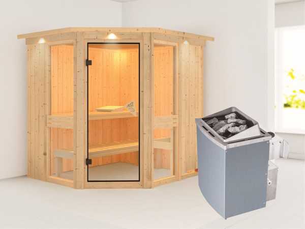 Sauna Systemsauna Amelia 1 mit Dachkranz, inkl. 9 kW Saunaofen integr. Steuerung