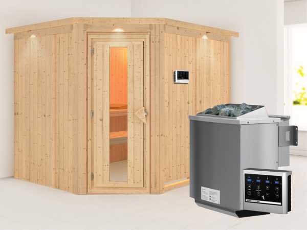 Systemsauna Malin mit Dachkranz, Holztür mit Isolierglas, inkl. 9 kW Bio-Kombiofen ext. Steuerung