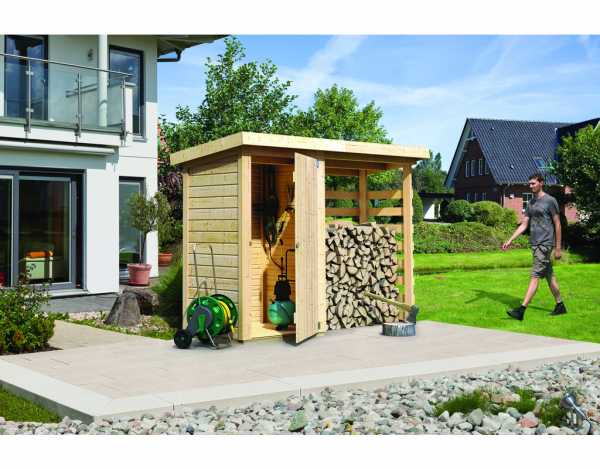 Gartenhaus Gerätehaus "Geräteschrank mit Feuerholzoption" 14 mm naturbelassen
