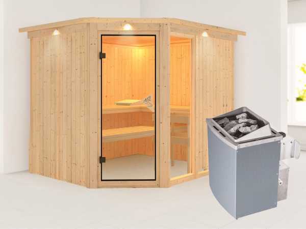 Sauna Systemsauna Fiona 3 mit Dachkranz, inkl. 9 kW Saunaofen integr. Steuerung