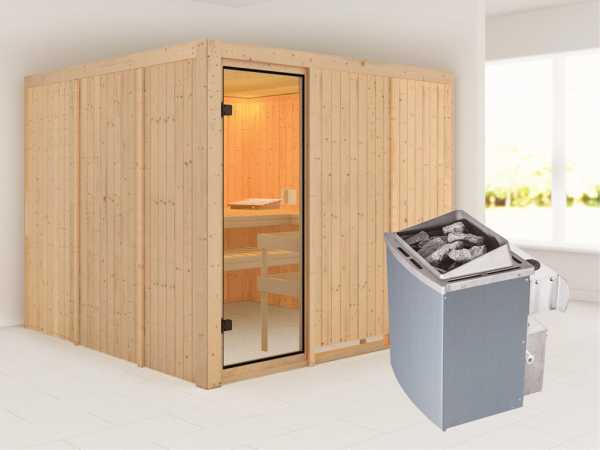 Sauna "Arvika" mit bronzierter Glastür + 9 kW Saunaofen integr. Strg.