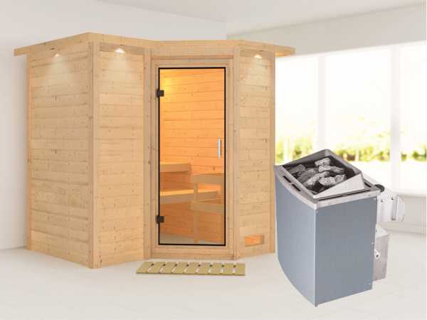 Sauna Massivholzsauna Sahib 1 mit Dachkranz, Klarglas Ganzglastür + 9 kW Saunaofen mit Steuerung