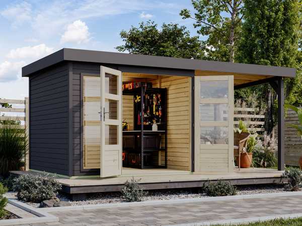 Gartenhaus Baraya 3,5 19 mm terragrau inkl. 2,4 m Anbaudach