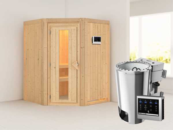 Sauna Systemsauna Nanja Energiespartür + Plug &amp; Play Bio-Ofen mit externer Steuerung