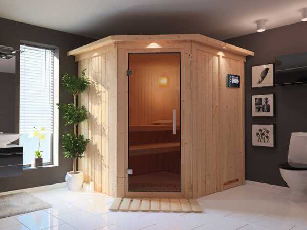 Sauna Systemsauna Lilja mit Dachkranz, graphit Ganzglastür + Plug & Play Bio-Ofen mit ext. Strg