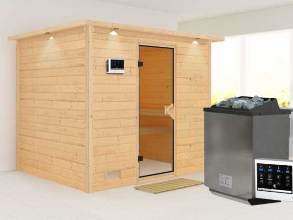 Massivholzsauna Sonara mit Dachkranz bronzierte Ganzglastür