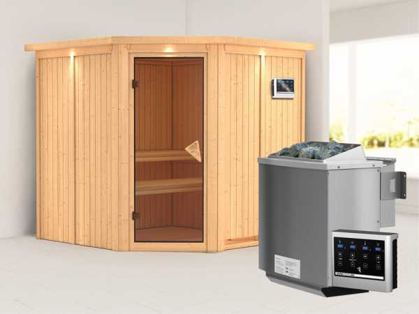 Systemsauna Jarin mit Dachkranz, bronzierte Ganzglastür, inkl. 9 kW Bio-Kombiofen ext. Steuerung