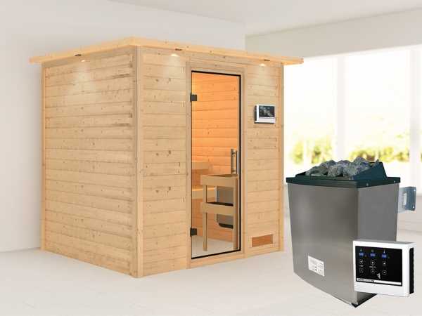 Sauna Massivholzsauna Anja mit Dachkranz, inkl. 9 kW Ofen mit externer Steuerung