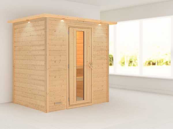 Sauna Massivholzsauna Sonja mit Dachkranz, Holztür mit Isolierglas