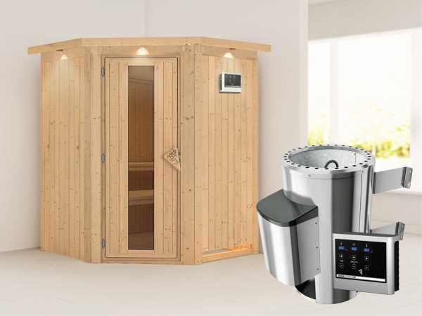 Sauna Systemsauna Nanja mit Dachkranz, Energiespartür + Plug & Play Saunaofen mit ext. Steuerung