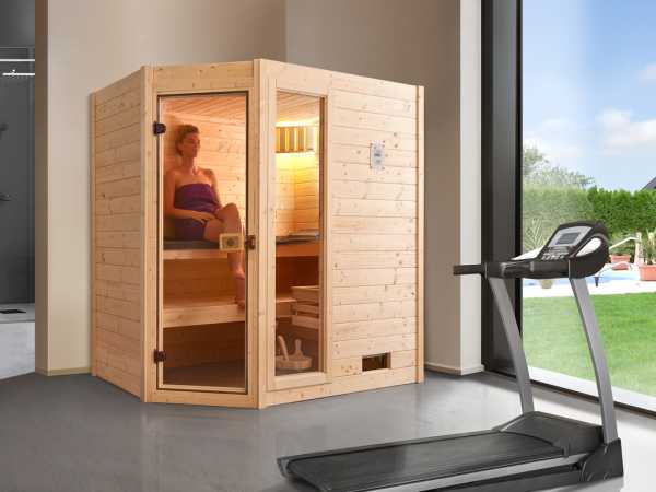 Sauna Massivholzsauna Valida Eck 1 GTF klare Ganzglastür und Fensterelement
