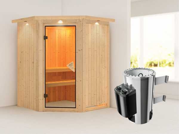 Sauna Systemsauna Nanja mit Dachkranz, inkl. Plug & Play Saunaofen Steuerung