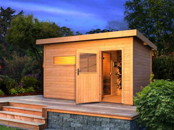 Saunahaus Suva 3 mit Holztür & Vorraum, inkl. 9 kW Saunaofen mit externer Steuerung