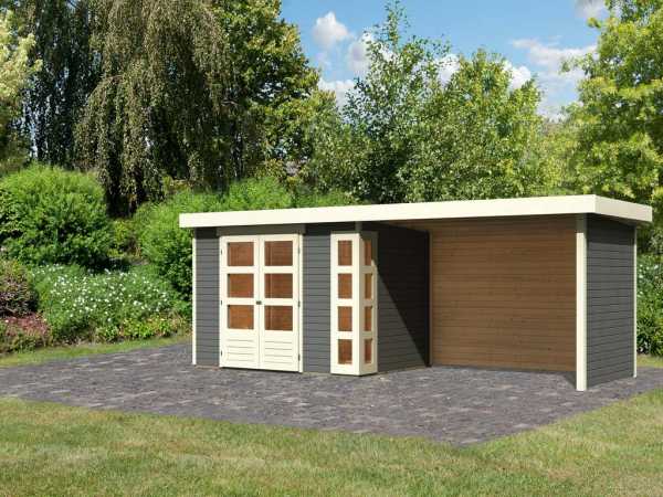Gartenhaus SET Kerko 4 19 mm terragrau, inkl. 2,8 m Anbaudach + Seiten- und Rückwand