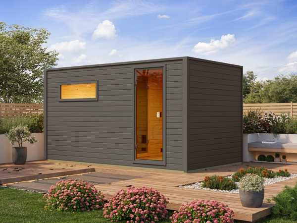 Gartensauna Lenchen 6 terragrau mit Vorraum und bronzierter Ganzglastür