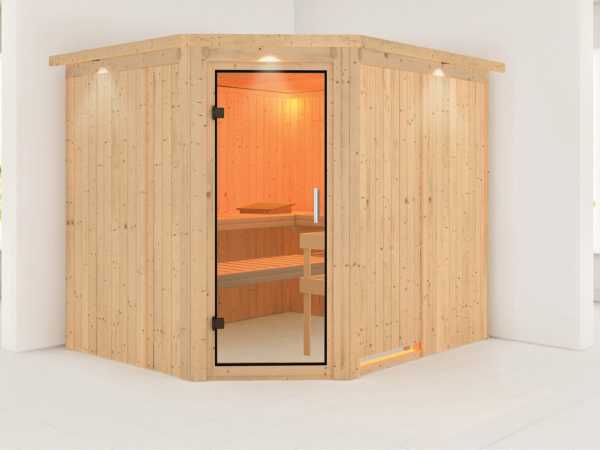 Sauna Systemsauna Malin mit Dachkranz, Klarglas Ganzglastür