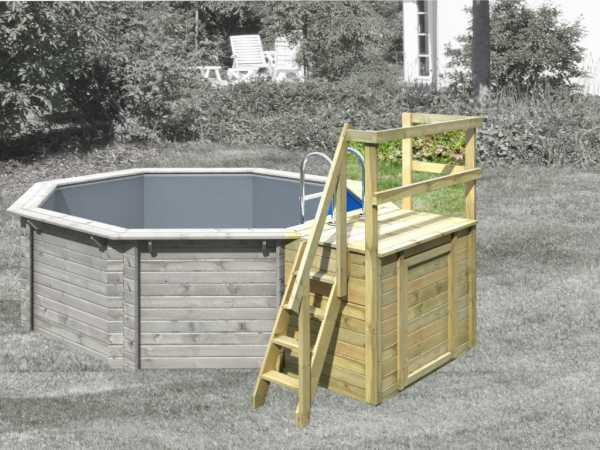 Abbildung zeigt Pool Terrasse 1 inkl. Holzleiter (diese wird nur geliefert mit dem Kauf eines Holz Pools)