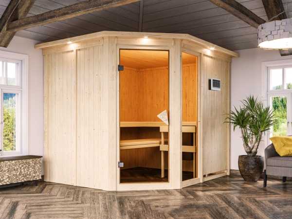 Sauna Systemsauna Fiona 3 mit Dachkranz, inkl. 9 kW Bio-Kombiofen ext. Steuerung