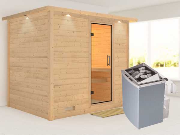 Sauna Massivholzsauna Sonara mit Dachkranz, Klarglas Ganzglastür + 9 kW Saunaofen mit Steuerung
