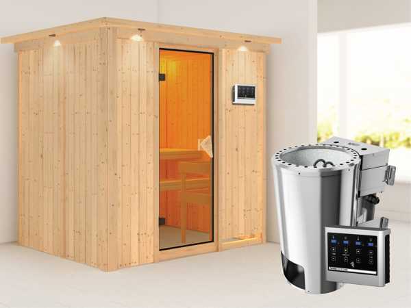 Sauna Systemsauna Fanja mit Dachkranz, inkl. Plug & Play Bio-Ofen externe Steuerung