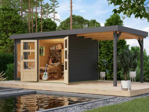 Gartenhaus Lahar 5 19 mm rundum terragrau mit Anbaudach 2,40 m Breite