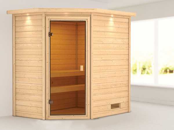 Sauna Jella mit bronzierter Glastür und Dachkranz