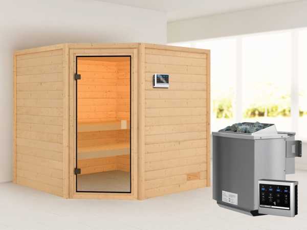 Sauna "Tilda" mit bronzierter Glastür + 9 kW Bio-Kombiofen ext. Strg.