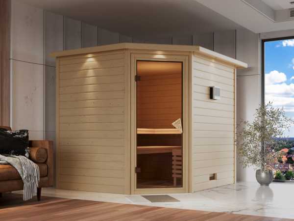 Sauna Massivholzsauna Tanami mit Dachkranz, inkl. 9 kW Bio-Kombiofen ext. Steuerung