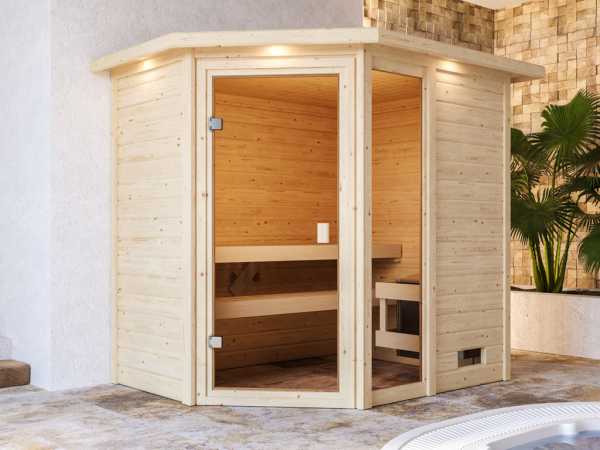 Sauna Jada mit bronzierter Glastür und Dachkranz + 9 kW Saunaofen integr. Strg.