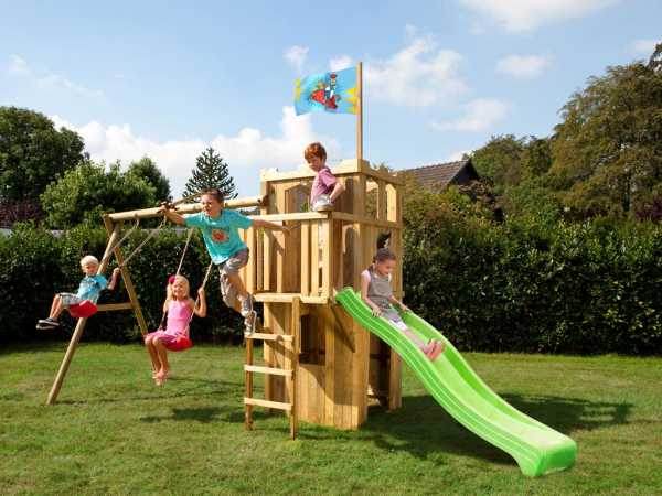 Spielturm FIPS Ritterburg inkl. Rutsche grün und Schaukelanbau