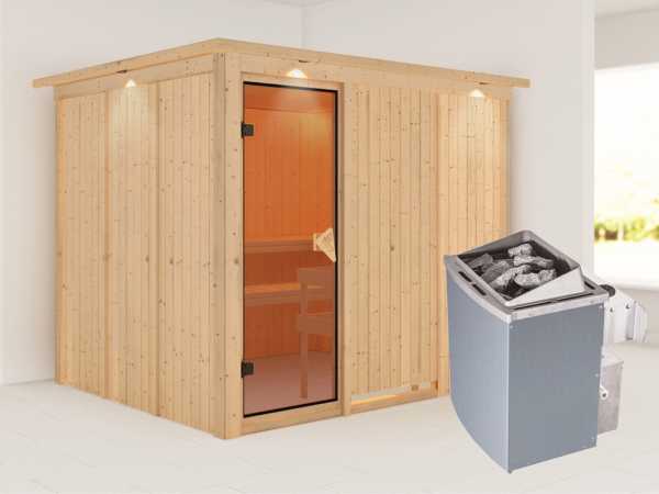 Systemsauna Gobin mit Dachkranz, bronzierte Ganzglastür, inkl. 9 kW Saunaofen integr. Steuerung