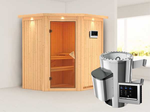 Sauna Systemsauna Tonja mit Dachkranz, inkl. Plug & Play Saunaofen externe Steuerung