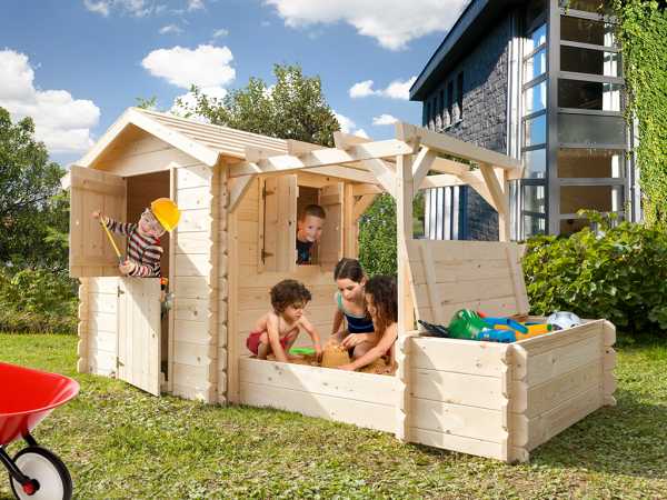 Spielhaus Dino Park inkl. Sandkasten und Pergola 19 mm Blockbohlen naturbelassen