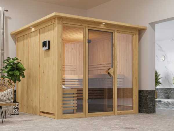 Sauna Askja mit bronzierter Tür, Glasfront und Kranz SET naturbelassen