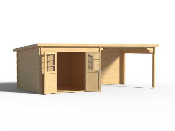 Gartenhaus Blockbohlenhaus CA2977 28 mm naturbelassen mit 3 m Anbau