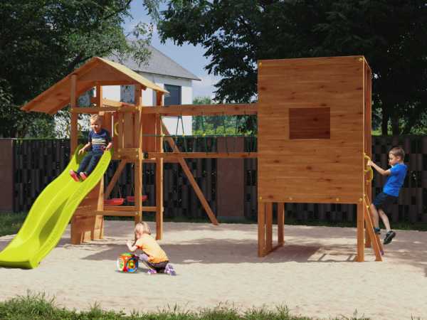 Spielturm Smart 5 Cube teakfarben inkl. Rutsche gelb