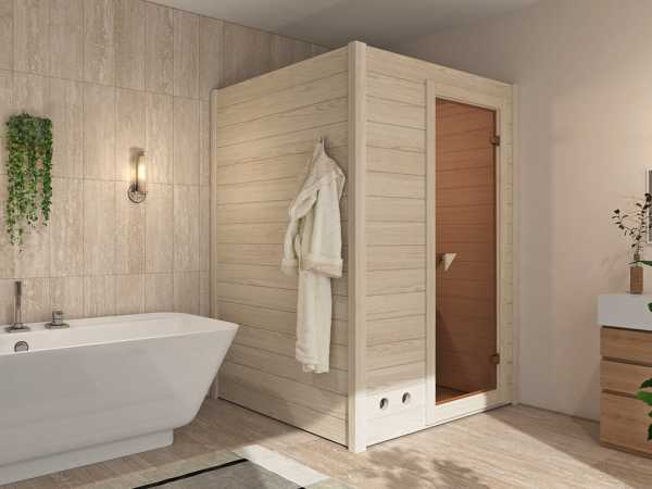 Sauna Massivholzsauna SPARSET Infuusio 1 inkl. 3,6 kW Bio-Ofen mit externer Steuerung
